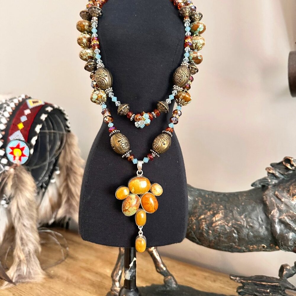 Stunning double strand statement necklace with  pendant and matching earrings.